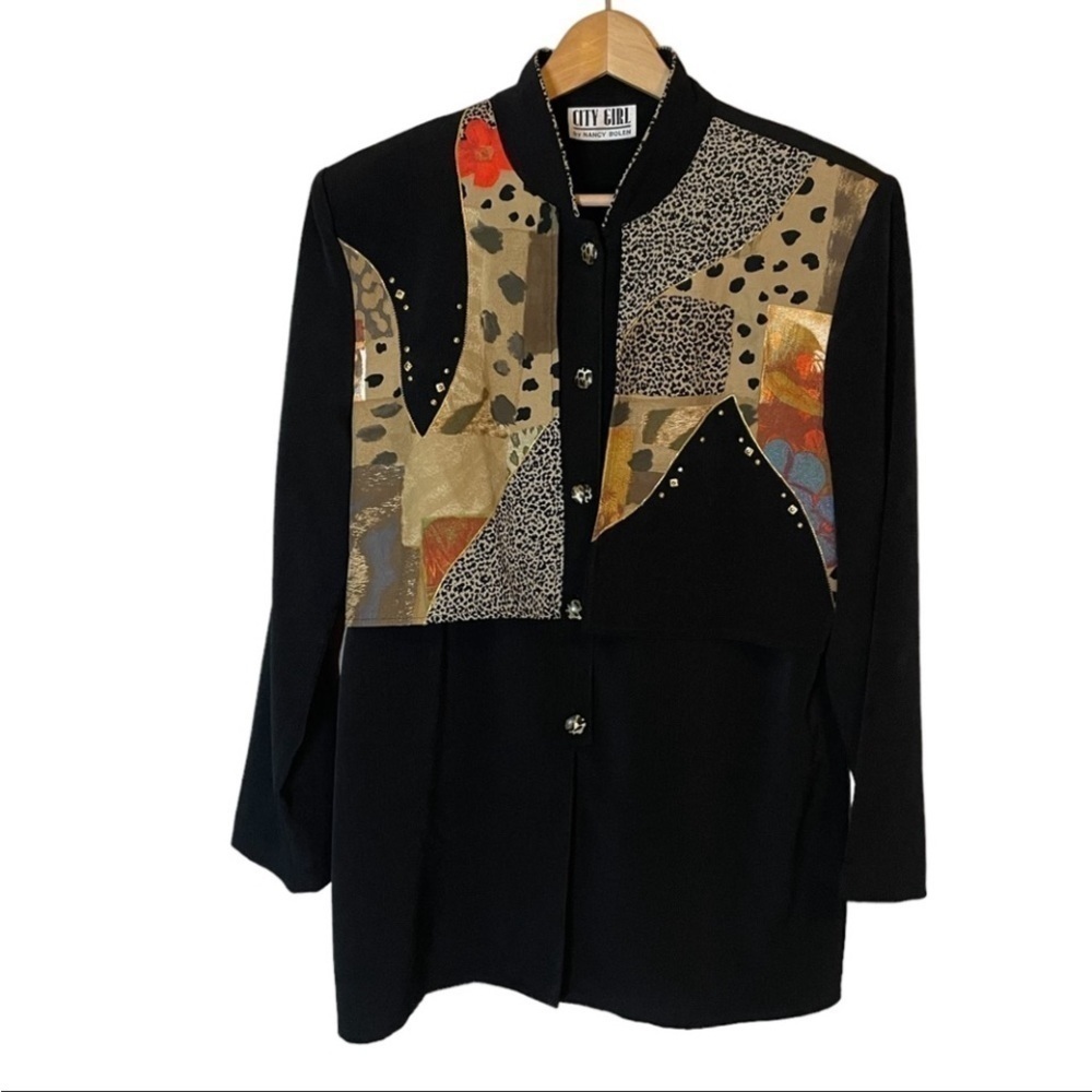 VTG City Girl By Nancy Bolen Blk Button-Up Shirt Sz M Leopard Theme Embroidered